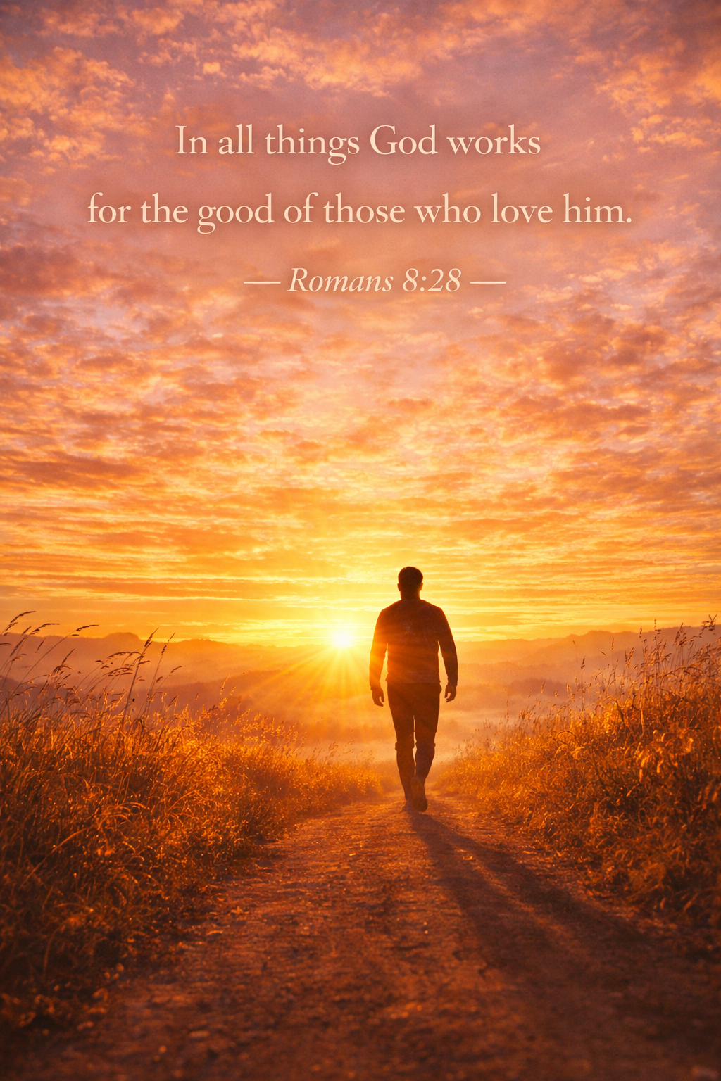 Lone silhouette person walking country path radiant golden horizon tall grass sunset sky vast purpose -- Romans 8:28 vertical wallpaper